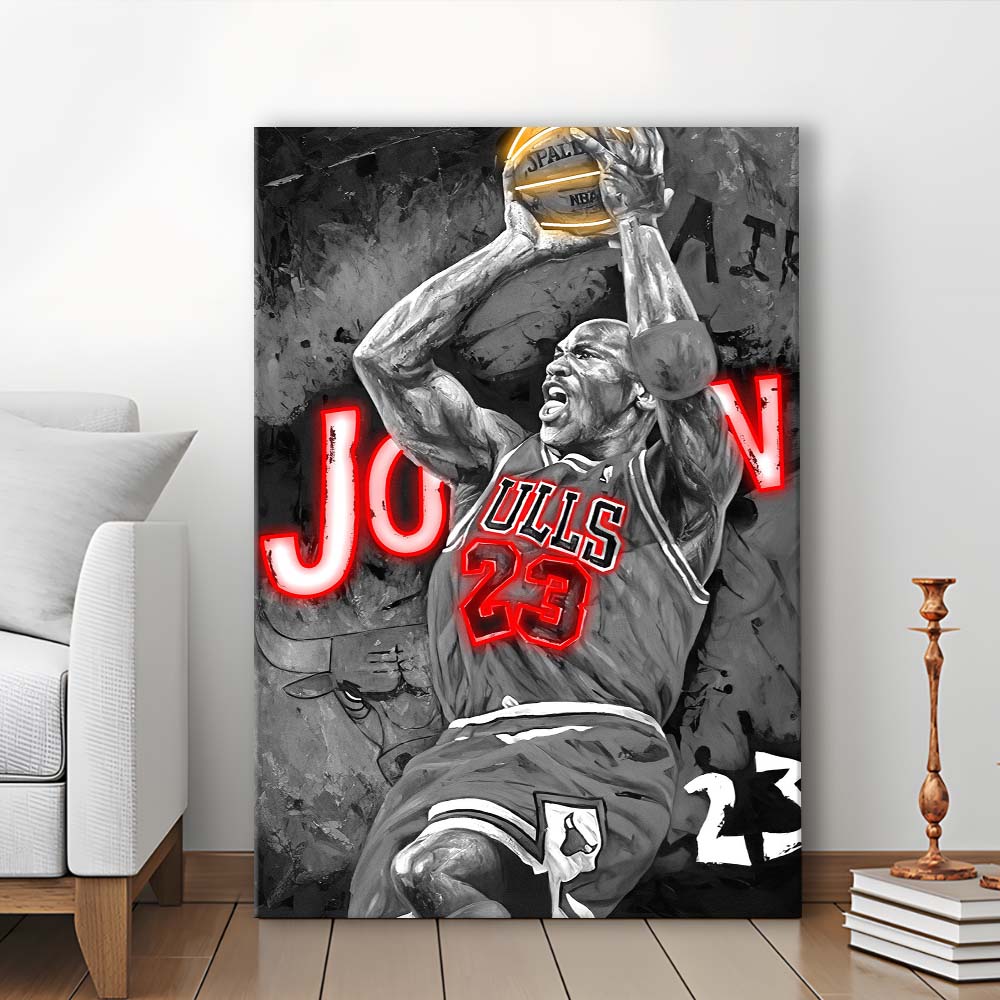 MJ Last Shot Basketball, Neon Sign Effect, Canvas Print, Luxury Wall Art Decor, Modern Art