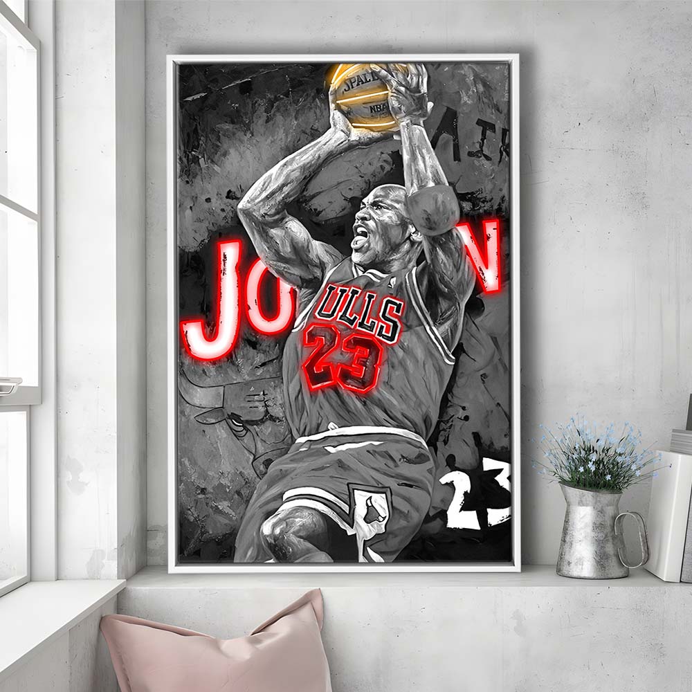 MJ Last Shot Basketball, Neon Sign Effect, Framed Canvas Print, Floating Frame, Luxury Wall Art Decor