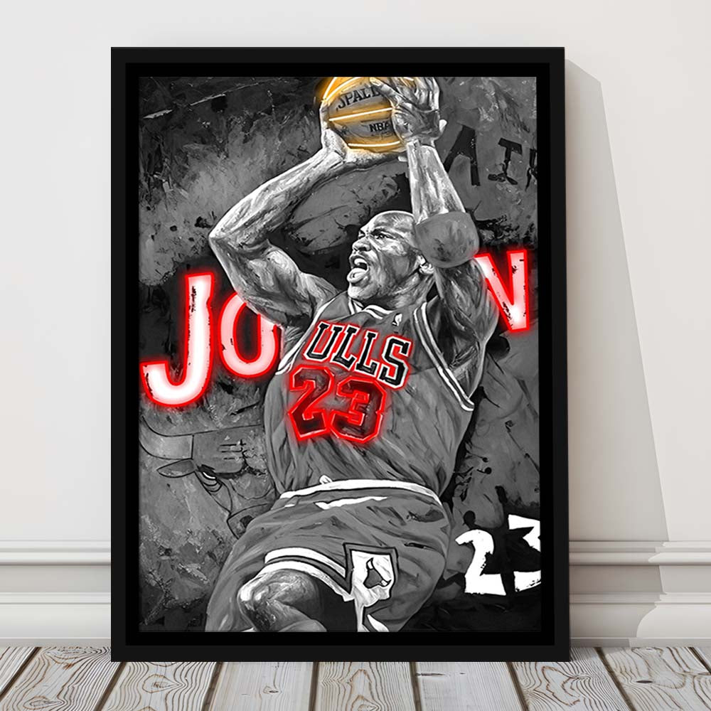MJ Last Shot Basketball, Neon Sign Effect, Framed Canvas Print, Floating Frame, Luxury Wall Art Decor