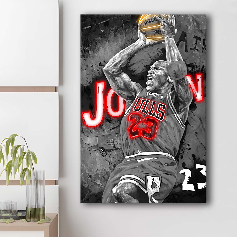 MJ Last Shot Basketball, Neon Sign Effect, Canvas Print, Luxury Wall Art Decor, Modern Art
