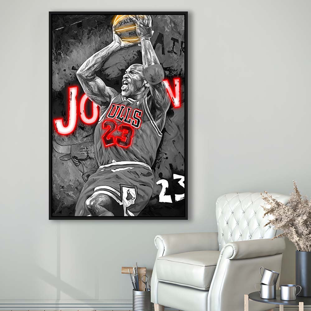 MJ Last Shot Basketball, Neon Sign Effect, Framed Canvas Print, Floating Frame, Luxury Wall Art Decor