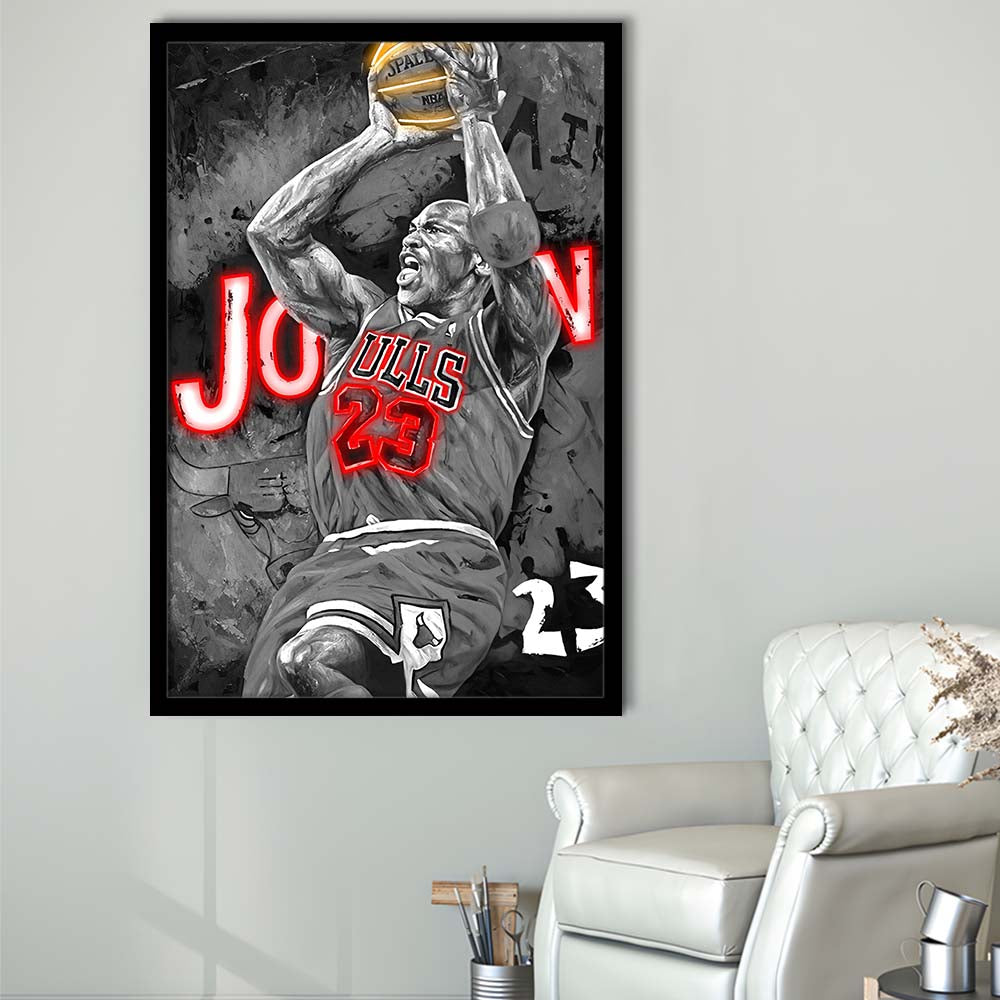 MJ Last Shot Basketball, Neon Sign Effect, Framed Art Print, Picture Framed Wall Art Decor