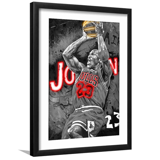 MJ Last Shot Basketball, Neon Sign Effect, Framed Art Print, Luxury Pictures Framed, White Border