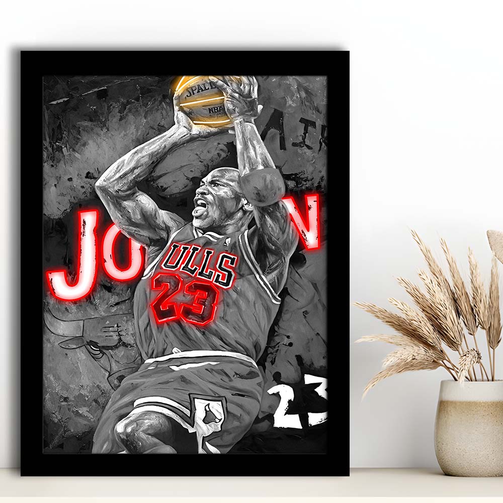 MJ Last Shot Basketball, Neon Sign Effect, Framed Art Print, Picture Framed Wall Art Decor