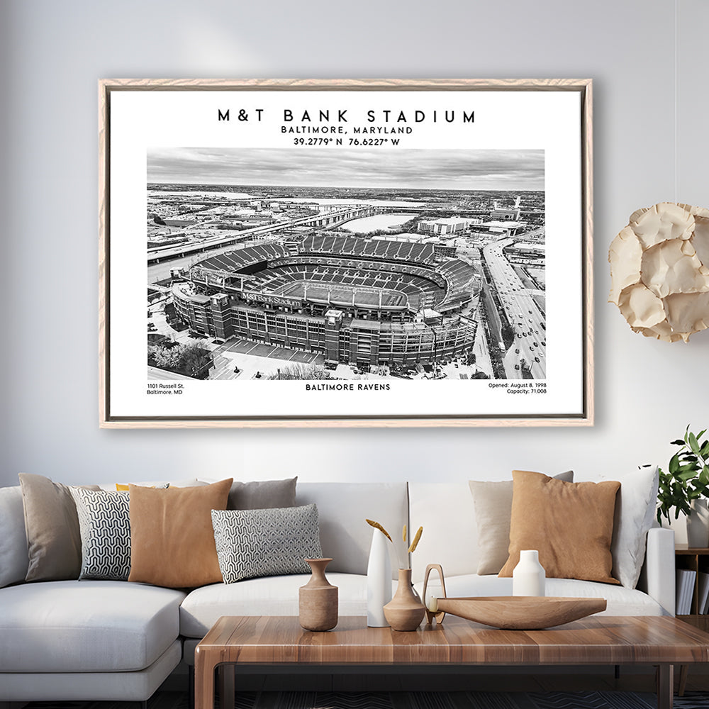 M&T Bank Stadium Black And White, Baltimore Ravens Football Stadium Wall Art Print, Framed Canvas Print Wall Art