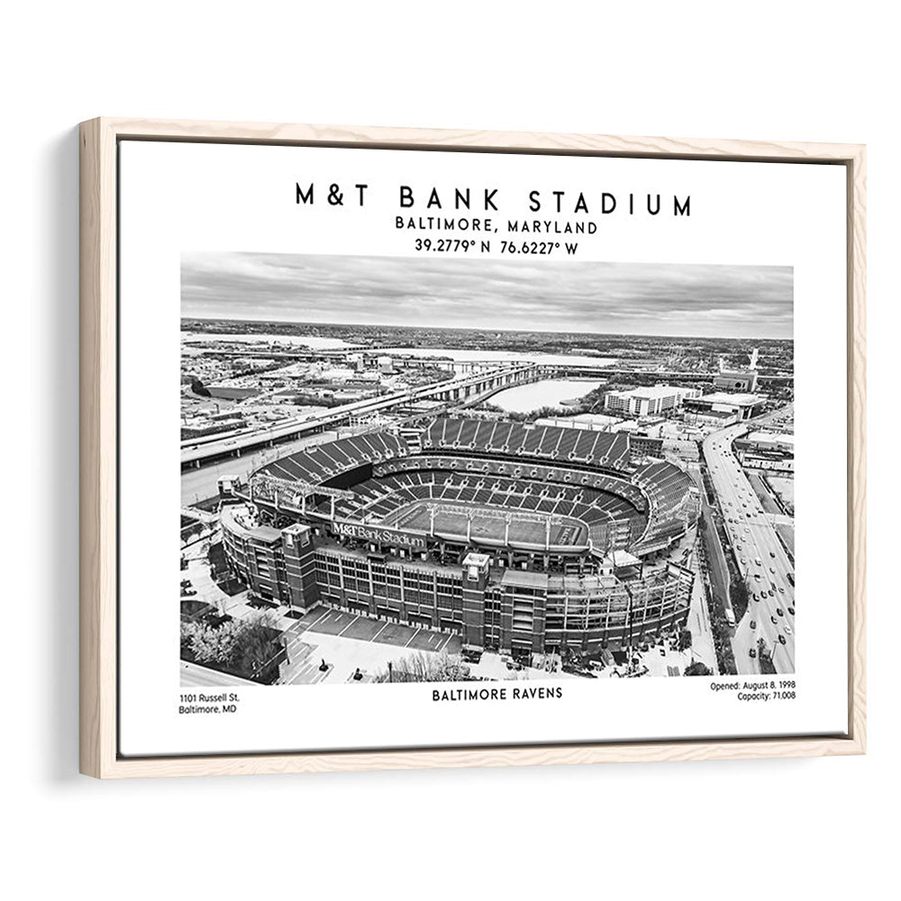 M&T Bank Stadium Black And White, Baltimore Ravens Football Stadium Wall Art Print, Framed Canvas Print Wall Art