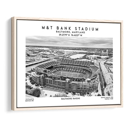 M&T Bank Stadium Black And White, Baltimore Ravens Football Stadium Wall Art Print, Framed Canvas Print Wall Art