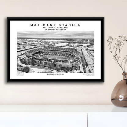 M&T Bank Stadium Black And White, Baltimore Ravens Football Stadium Wall Art Print, Framed Canvas Print Wall Art