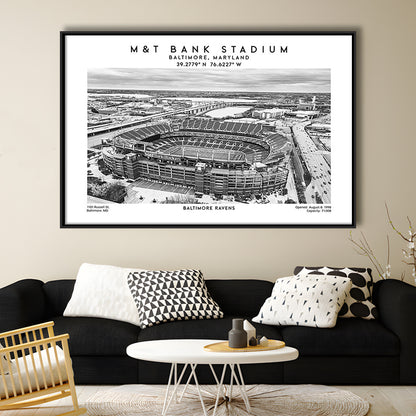 M&T Bank Stadium Black And White, Baltimore Ravens Football Stadium Wall Art Print, Framed Canvas Print Wall Art