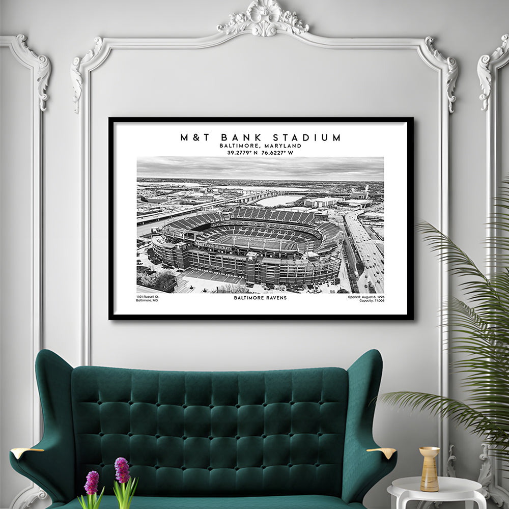 M&T Bank Stadium Black And White, Baltimore Ravens Football Stadium Wall Art Print, Framed Art Print Wall Decor