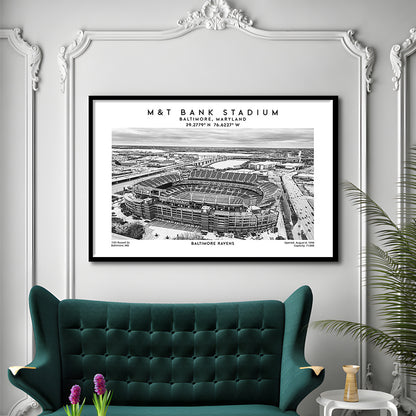 M&T Bank Stadium Black And White, Baltimore Ravens Football Stadium Wall Art Print, Framed Art Print Wall Decor
