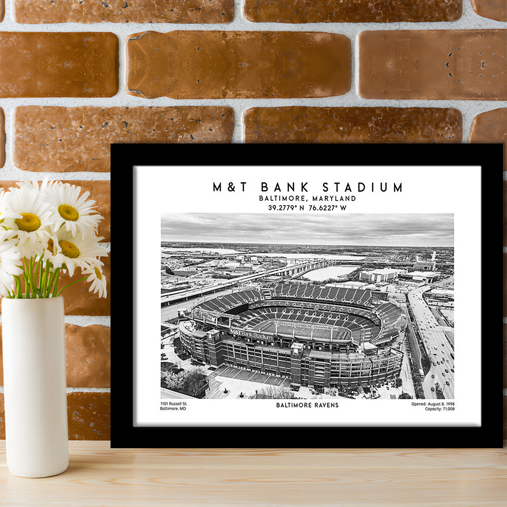 M&T Bank Stadium Black And White, Baltimore Ravens Football Stadium Wall Art Print, Framed Art Print Wall Decor