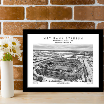 M&T Bank Stadium Black And White, Baltimore Ravens Football Stadium Wall Art Print, Framed Art Print Wall Decor
