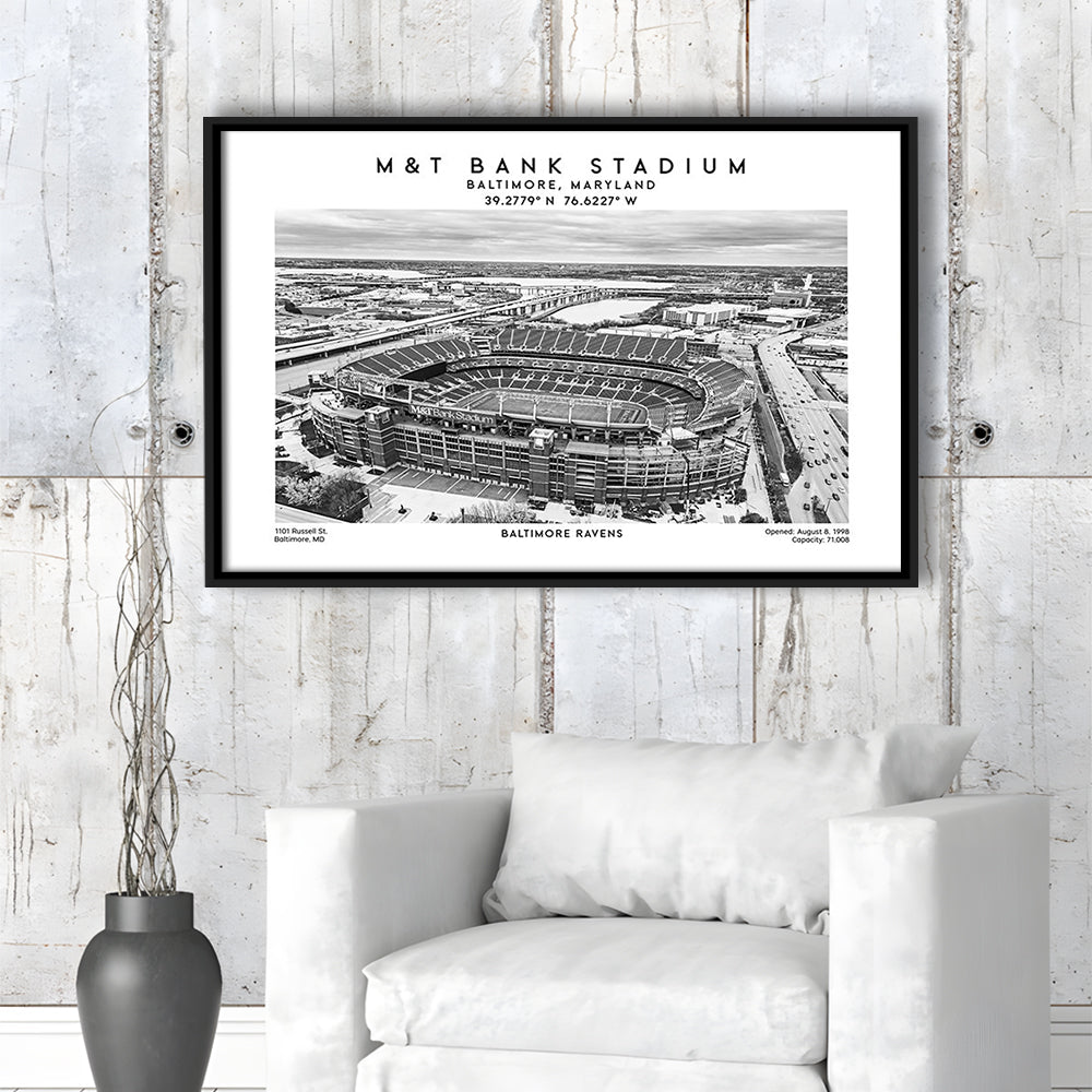 M&T Bank Stadium Black And White, Baltimore Ravens Football Stadium Wall Art Print, Framed Canvas Print Wall Art