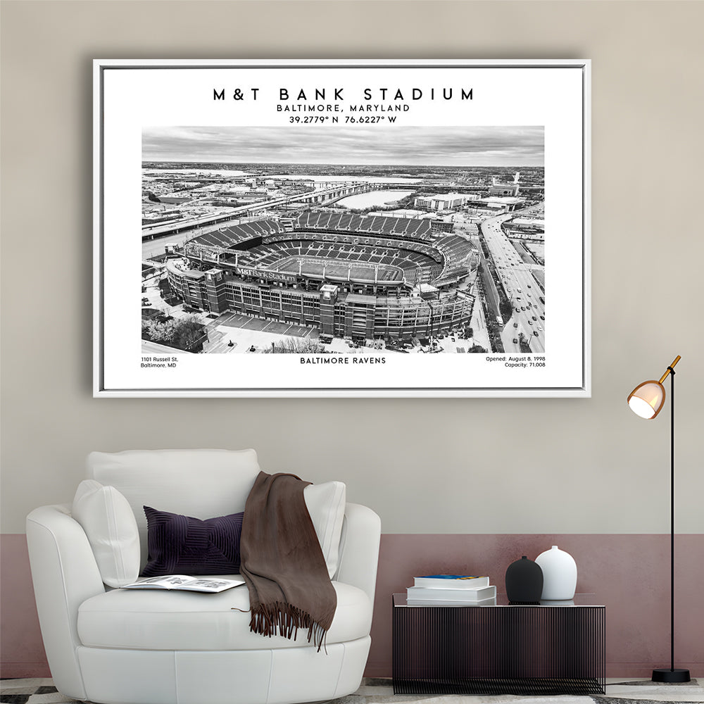 M&T Bank Stadium Black And White, Baltimore Ravens Football Stadium Wall Art Print, Framed Canvas Print Wall Art