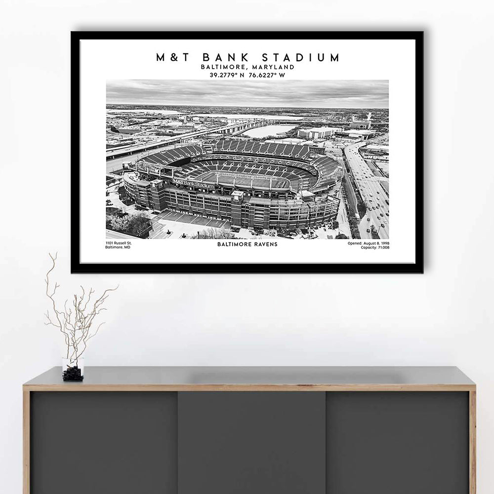 M&T Bank Stadium Black And White, Baltimore Ravens Football Stadium Wall Art Print, Framed Art Print Wall Decor