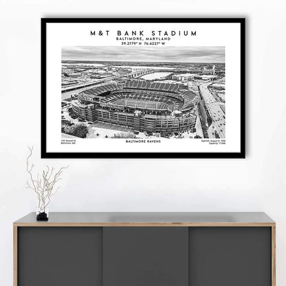 M&T Bank Stadium Black And White, Baltimore Ravens Football Stadium Wall Art Print, Framed Art Print Wall Decor