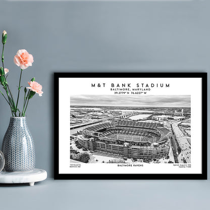 M&T Bank Stadium Black And White, Baltimore Ravens Football Stadium Wall Art Print, Framed Art Print Wall Decor