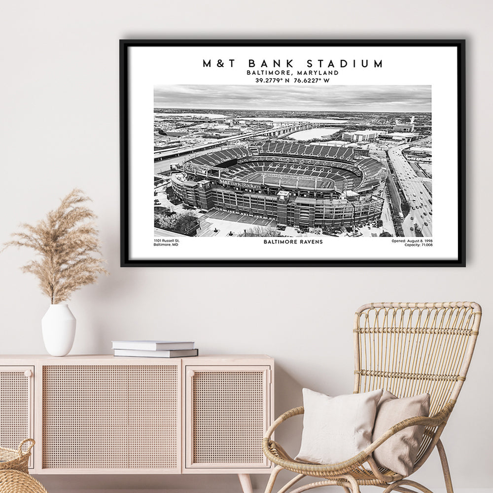 M&T Bank Stadium Black And White, Baltimore Ravens Football Stadium Wall Art Print, Framed Canvas Print Wall Art