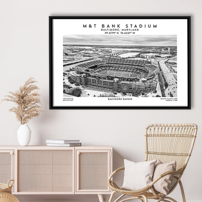 M&T Bank Stadium Black And White, Baltimore Ravens Football Stadium Wall Art Print, Framed Canvas Print Wall Art