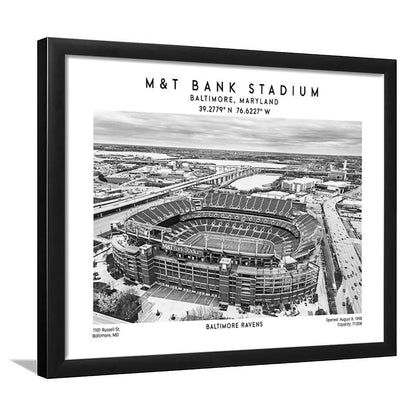 M&T Bank Stadium Black And White, Baltimore Ravens Football Stadium Wall Art Print, Framed Art Print Wall Decor