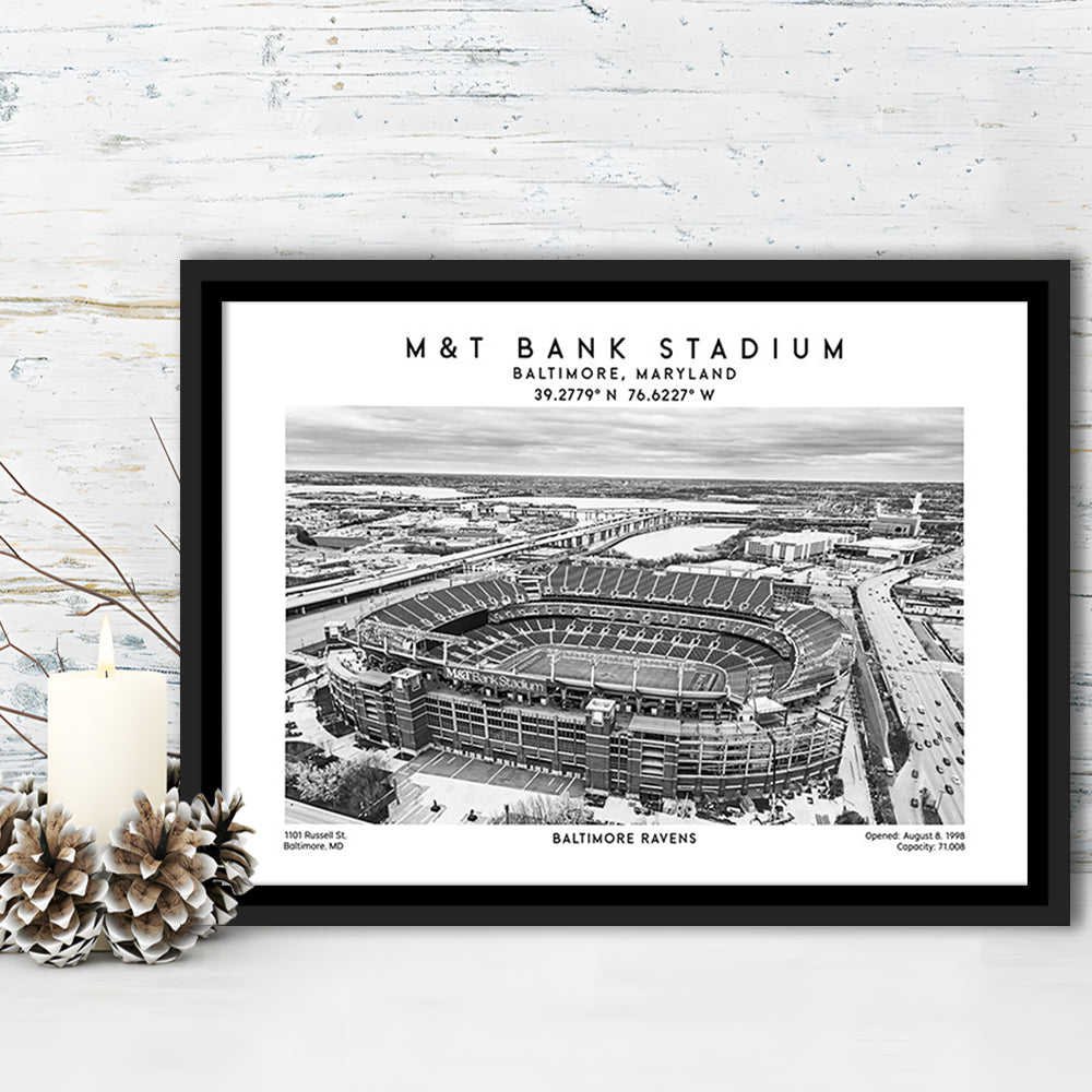 M&T Bank Stadium Black And White, Baltimore Ravens Football Stadium Wall Art Print, Framed Canvas Print Wall Art