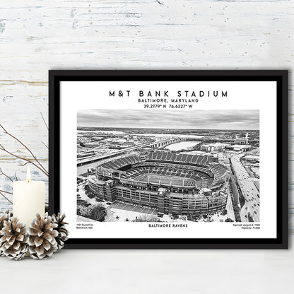 M&T Bank Stadium Black And White, Baltimore Ravens Football Stadium Wall Art Print, Framed Canvas Print Wall Art