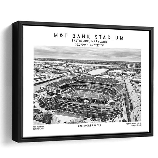 M&T Bank Stadium Black And White, Baltimore Ravens Football Stadium Wall Art Print, Framed Canvas Print Wall Art