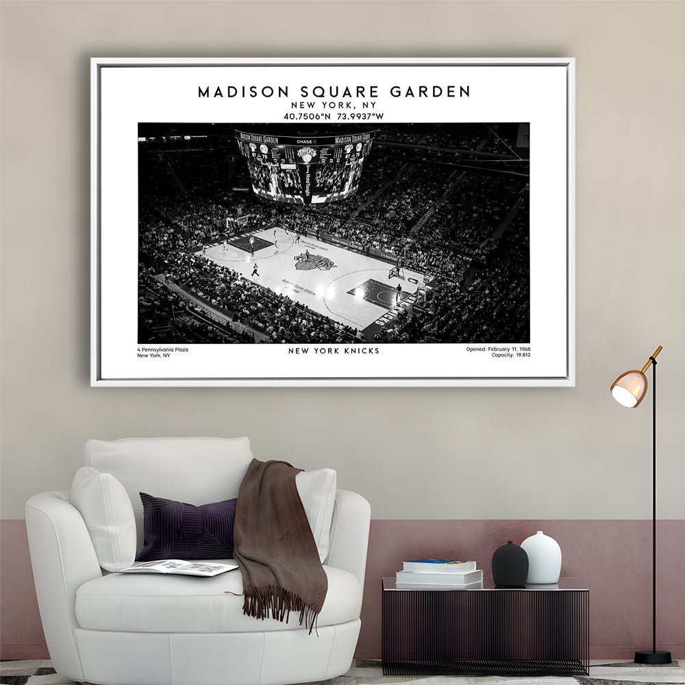 Madison Square Garden Stadium Black And White, NY Knicks Basketball Stadium Print, Framed Canvas Print Wall Art