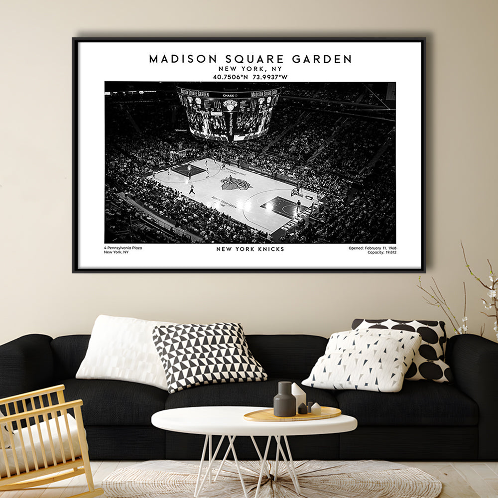 Madison Square Garden Stadium Black And White, NY Knicks Basketball Stadium Print, Framed Canvas Print Wall Art