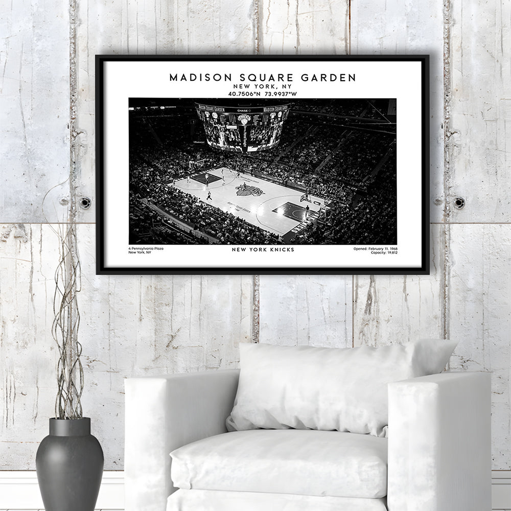 Madison Square Garden Stadium Black And White, NY Knicks Basketball Stadium Print, Framed Canvas Print Wall Art