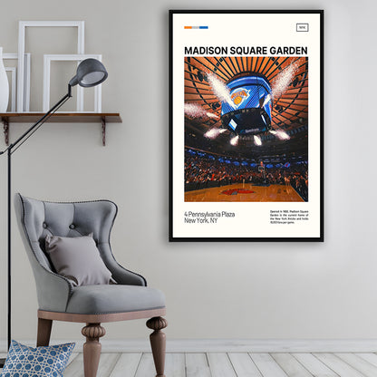 Madison Square Garden Print, NY Knicks Stadium Canvas Art, Man Cave Gift, Floating Framed Canvas Print Wall Art