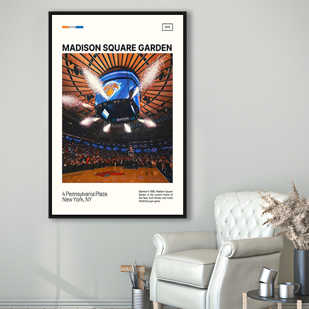 Madison Square Garden Print, NY Knicks Stadium Canvas Art, Man Cave Gift, Floating Framed Canvas Print Wall Art