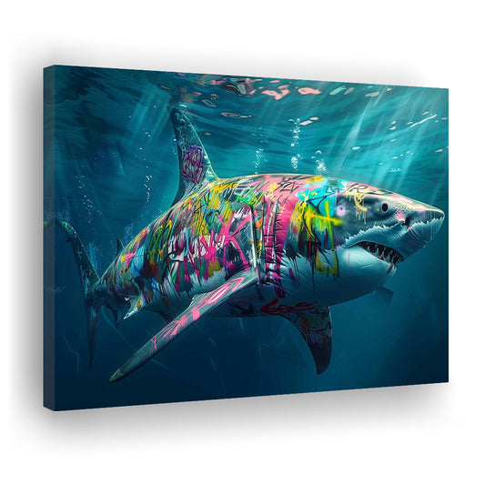 Magnificent Great White Shark Graffiti An Exquisite, Capturing the Essence of Underwater, Cavas Print Wall Art Hom Decor