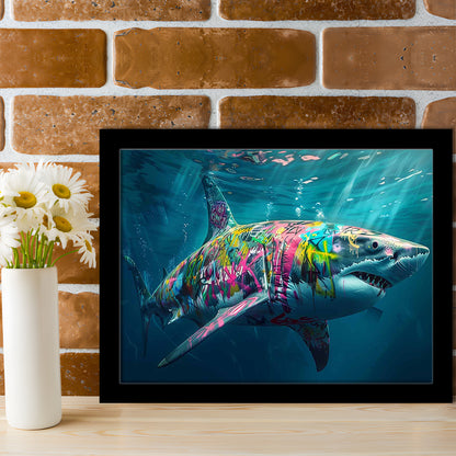 Magnificent Great White Shark Graffiti An Exquisite, Capturing The Essence Of Underwater, Framed Art Print, Picture Framed