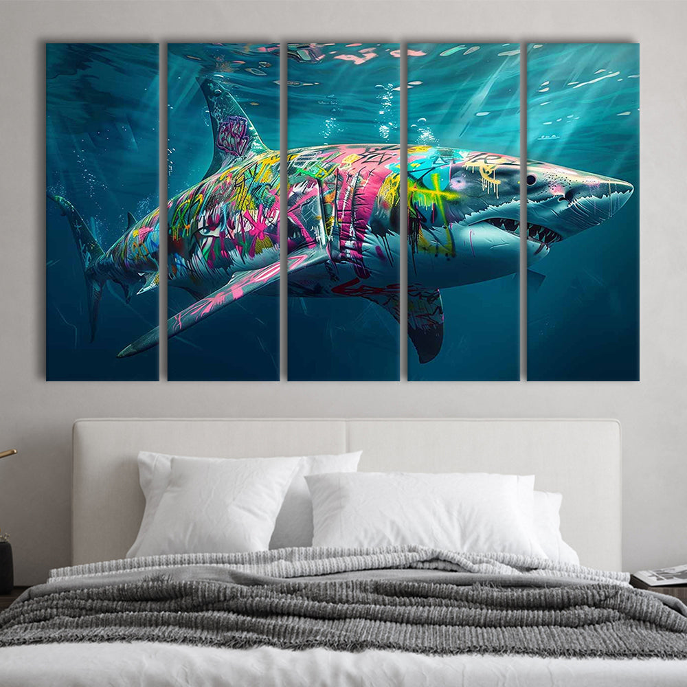 Magnificent Great White Shark Graffiti An Exquisite, 5 Piece B Extra Large Cavas Print Wall Art Decor