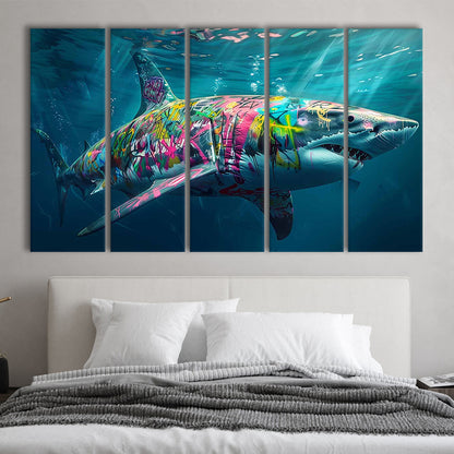 Magnificent Great White Shark Graffiti An Exquisite, 5 Piece B Extra Large Cavas Print Wall Art Decor
