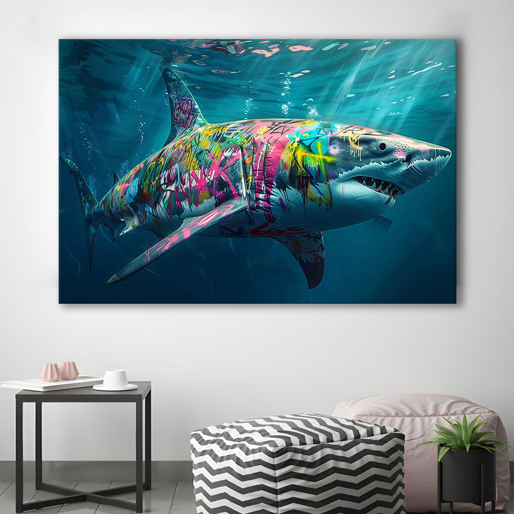 Magnificent Great White Shark Graffiti An Exquisite, Capturing the Essence of Underwater, Cavas Print Wall Art Hom Decor