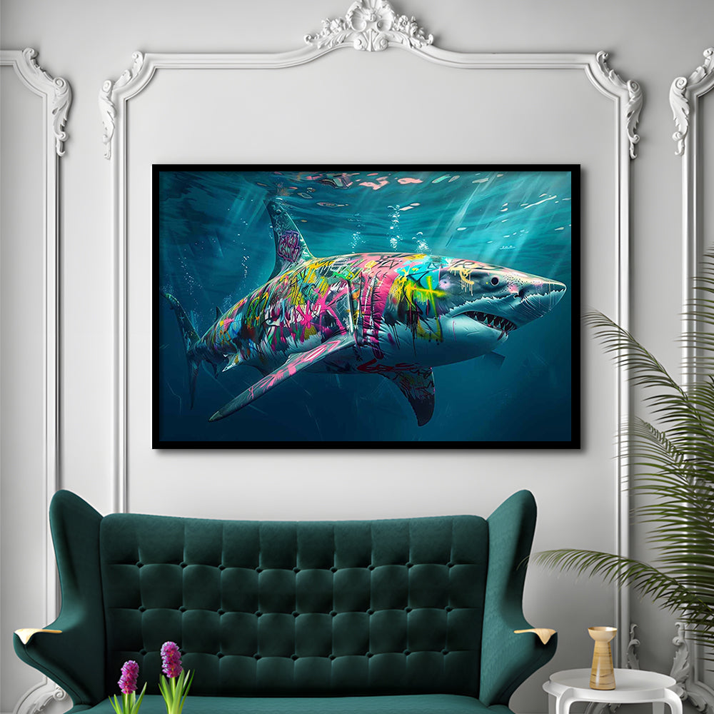 Magnificent Great White Shark Graffiti An Exquisite, Capturing The Essence Of Underwater, Framed Art Print, Picture Framed
