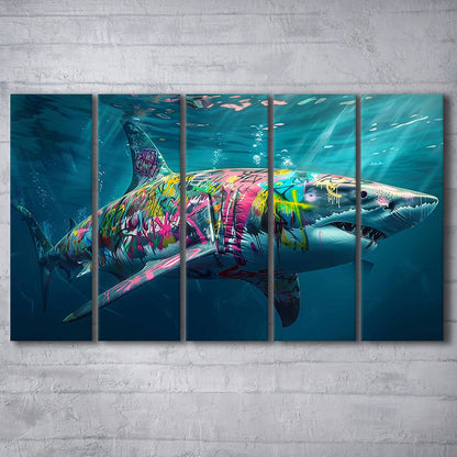 Magnificent Great White Shark Graffiti An Exquisite, 5 Piece B Extra Large Cavas Print Wall Art Decor