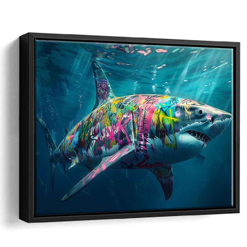 Magnificent Great White Shark Graffiti An Exquisite, Capturing The Essence Of Underwater, Framed Cavas Print