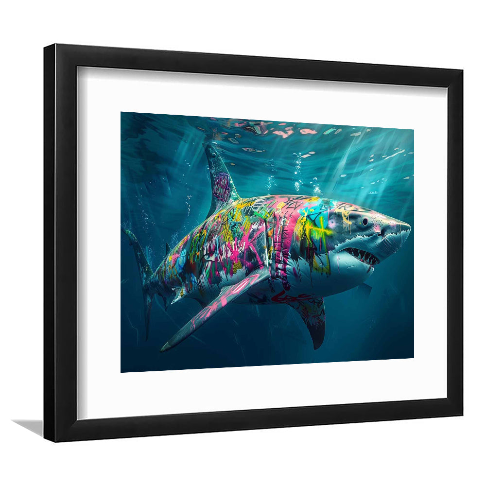 Magnificent Great White Shark Graffiti An Exquisite, Capturing The Essence, Framed Art Print White Border