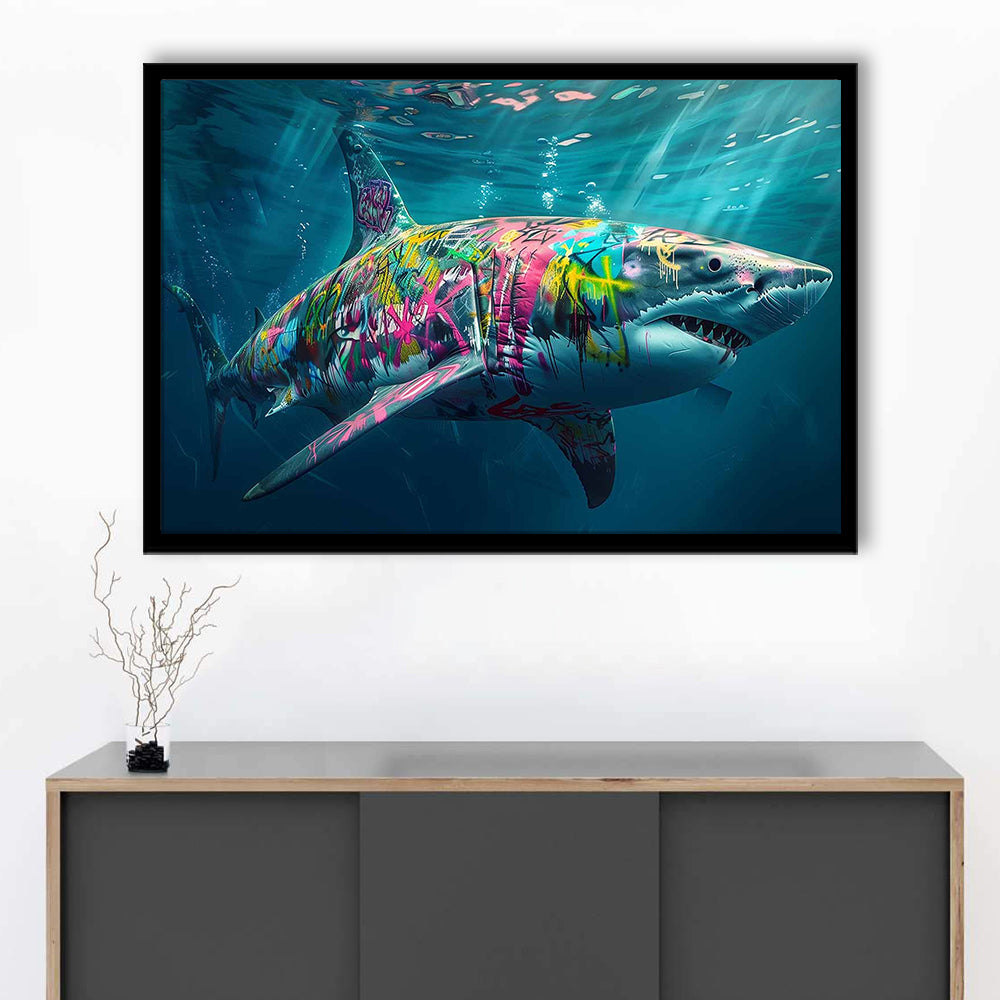 Magnificent Great White Shark Graffiti An Exquisite, Capturing The Essence Of Underwater, Framed Art Print, Picture Framed