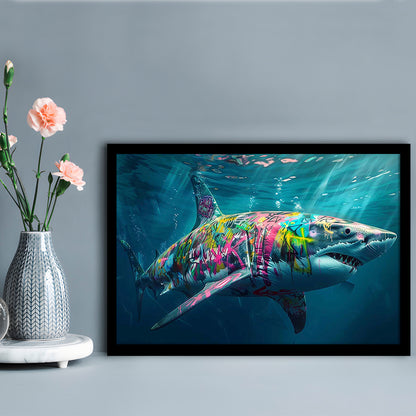 Magnificent Great White Shark Graffiti An Exquisite, Capturing The Essence Of Underwater, Framed Art Print, Picture Framed