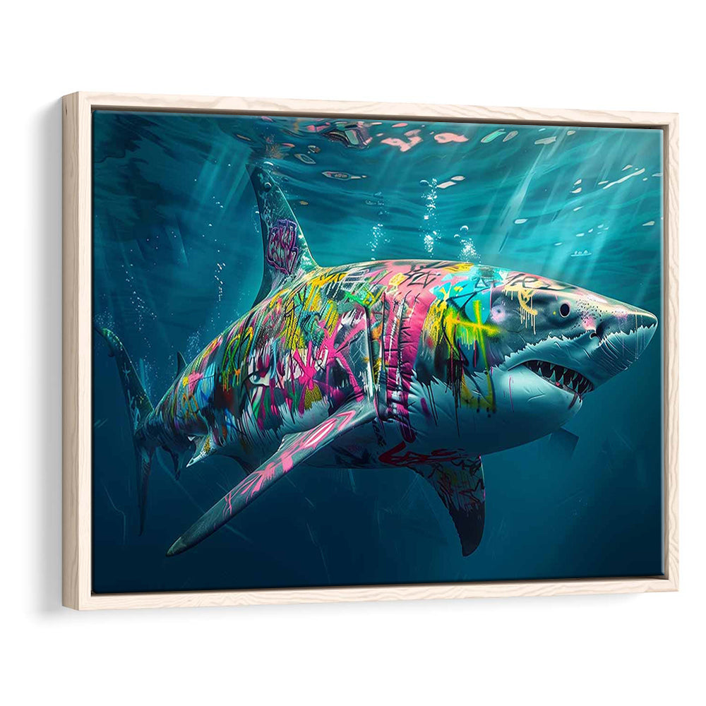 Magnificent Great White Shark Graffiti An Exquisite, Capturing The Essence Of Underwater, Framed Cavas Print