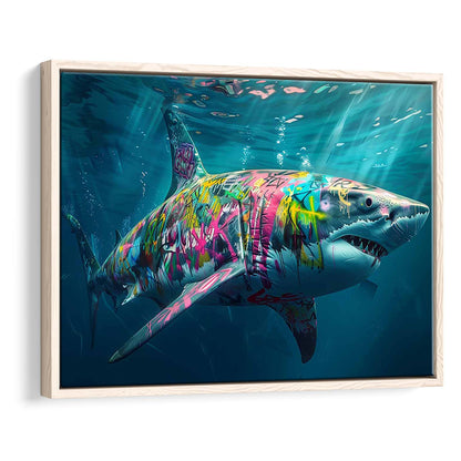 Magnificent Great White Shark Graffiti An Exquisite, Capturing The Essence Of Underwater, Framed Cavas Print