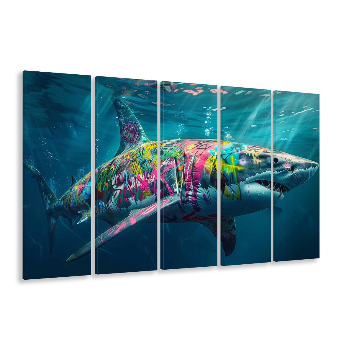 Magnificent Great White Shark Graffiti An Exquisite, 5 Piece B Extra Large Cavas Print Wall Art Decor