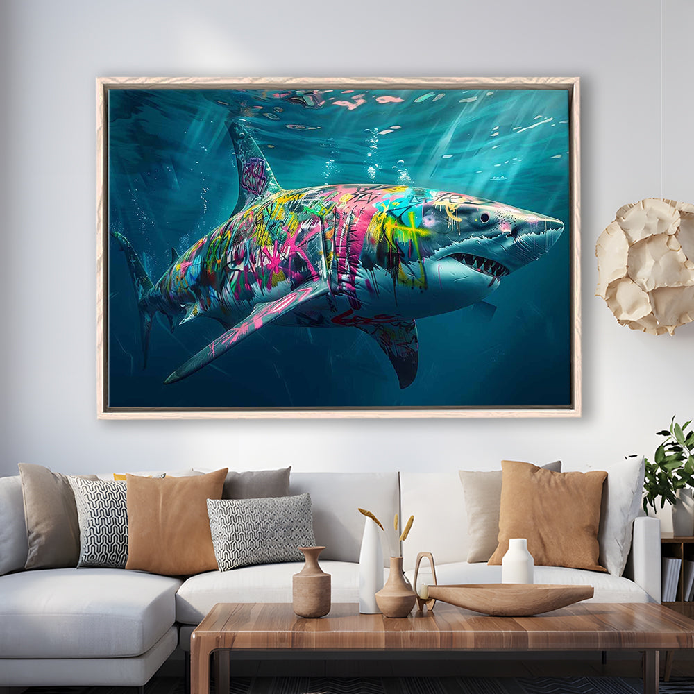 Magnificent Great White Shark Graffiti An Exquisite, Capturing The Essence Of Underwater, Framed Cavas Print