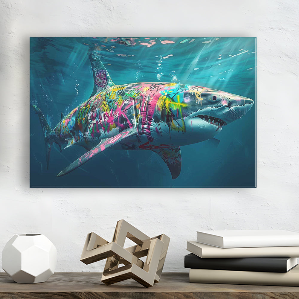 Magnificent Great White Shark Graffiti An Exquisite, Capturing the Essence of Underwater, Cavas Print Wall Art Hom Decor