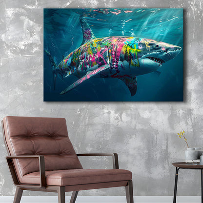 Magnificent Great White Shark Graffiti An Exquisite, Capturing the Essence of Underwater, Cavas Print Wall Art Hom Decor